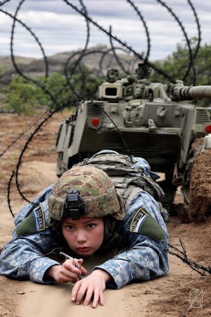 A female soldier crawls under barbed wire, carrying a rifle