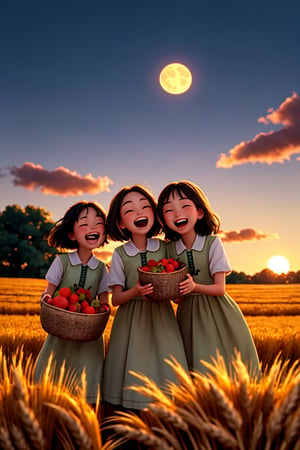 A warm sunset glows behind a group of SING Girls, their faces aglow with joy and laughter as they celebrate the bounty of the harvest. The full moon rises high in the sky, casting a silver glow over the rustic landscape. Baskets overflowing with golden wheat and ripe fruits are scattered at their feet.