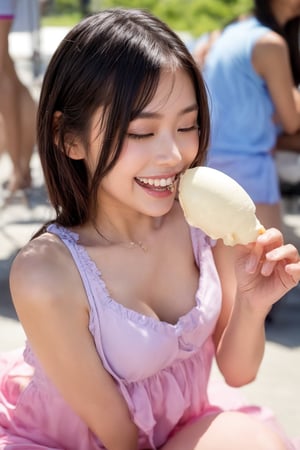 A close-up shot of a happy girl with a big smile, her eyes closed in pure delight as she licks a cone of creamy soft-serve ice cream. The bright sunlight casts a warm glow on the scene, with the vibrant colors of the ice cream and her bright pink dress popping against the blurred background.