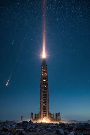 Depict a desolate, dark blue background of outer space, with a few faint stars twinkling in the distance. A destroyed spaceship lies in ruins, debris scattered across the blackness. A cluster of eerie, glowing aliens float near the wreckage, their ethereal bodies undulating as they drift through the void. The camera captures this haunting scene from a medium shot, emphasizing the sense of desolation and loss.