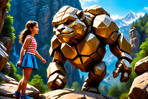 (4k),  (masterpiece),  (best quality), (extremely intricate),  (realistic),  (sharp focus),  (award winning),  (extremely detailed), (best quality,4k,8k,highres,masterpiece:1.2),ultra-detailed,(realistic,photorealistic,photo-realistic:1.37), girl playing with golem, rocky mountain, Dilireba