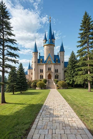 A whimsical dream castle rises from a misty forest floor, its turrets and towers reaching towards the pale blue sky like ethereal fingers. Soft golden light filters through the wispy clouds, illuminating the intricate stone carvings that adorn the walls. A gentle mist swirls around the base of the structure, adding an air of mystery to the enchanting scene.