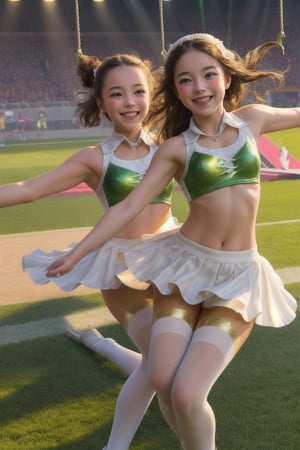 Girls in synchronized uniform costumes, twirling batons in unison, spinning and leaping across a bright, sunlit track with vibrant green grass and white lines. Warm lighting casts a golden glow on the performers' smiling faces as they swing their arms and move in perfect harmony.