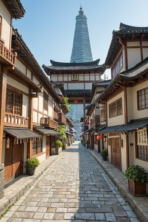 A misty dawn unfolds in the ancient Japanese city, where weathered temples and intricately tiled roofs blend with modern skyscrapers. Soft morning light casts a warm glow on cobblestone streets, as pedestrians in traditional attire hurry to daily rituals. Ancient architecture meets urban bustle in a harmonious balance of old and new.