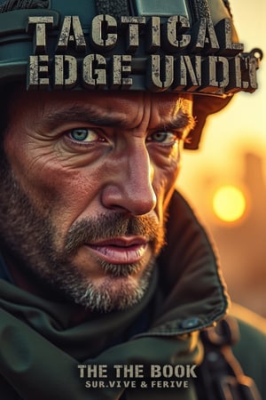 A dramatic close-up shot of a rugged military commander's face, illuminated by a warm golden light, dominates the cover. His piercing blue eyes seem to bore into the reader, his jawline strong and resolute. In the background, a blurred cityscape smolders in the distance, symbolizing the ever-present threat of war. The title 'Tactical Edge' embossed in bold black letters across the top, while the tagline 'Survive & Thrive' etched in smaller text at the bottom.