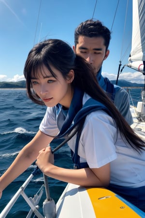 A thrilling mixed doubles sailing competition on a sunny day at sea. The camera captures a close-up shot of two sailors, one man and one woman, leaning over the edge of the yacht's deck as they work together to balance their vessel in choppy waters. The man's eyes are fixed intently on the horizon, while the woman's gaze is downward, her hand grasping the sail for support. The sea spray creates a misty veil around them, adding to the sense of urgency and teamwork.