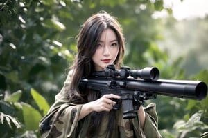 (sharp focus),  (award winning),  (extremely detailed),  (best quality, 4k, 8k, highres, masterpiece:1.2), ultra-detailed, (realistic, photorealistic, photo-realistic:1.37),Female sniper hiding above a tree in the jungle,full body, A sniper rifle, her sharp eyes looking through the scope, a smile on her lips