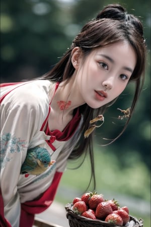 (sharp focus),  (award winning),  (extremely detailed),  (best quality, 4k, 8k, highres, masterpiece:1.2), ultra-detailed, (realistic, photorealistic, photo-realistic:1.37), A girl is picking strawberries and eating them with a little ((bird)), full body, 1 girl ,huangyuyao