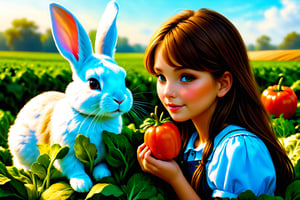 (sharp focus),  (award winning),  (extremely detailed),  (best quality, 4k, 8k, highres, masterpiece:1.2), ultra-detailed, (realistic, photorealistic, photo-realistic:1.37), A girl and a rabbit, the rabbit is eating vegetables from the field