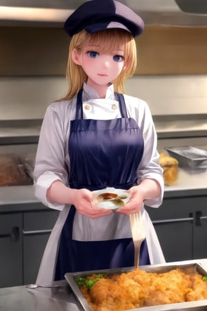 A professional woman, dressed in a crisp white chef's coat and matching hat, stands confidently in front of a bustling kitchen counter. Her hands rest on the edge of a stainless steel surface, where utensils and ingredients are artfully arranged. A warm golden light illuminates her determined expression, as she surveys the culinary landscape before her.