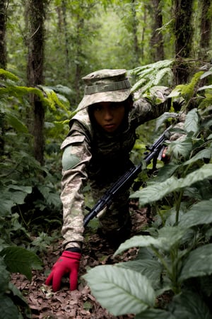 A gritty, handheld shot captures a determined female soldier crawling through thick vegetation, her camouflage attire blending with the surroundings. She clutches her worn rifle tightly as she navigates under the tangled barbed wire, its rusty coils scraping against her gear. The harsh lighting casts long shadows across the overgrown terrain, emphasizing her resilience and focus.