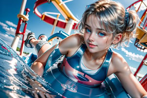 best quality,  masterpiece,  ultra high res,  (photorealistic:1.4),  raw photo, full body,  from side and above,  beautiful teen girl,  silver short hair,  blue eyes,  (looking at viewer:1.2), slide down the slide, amusement park
,Stella,Sophia