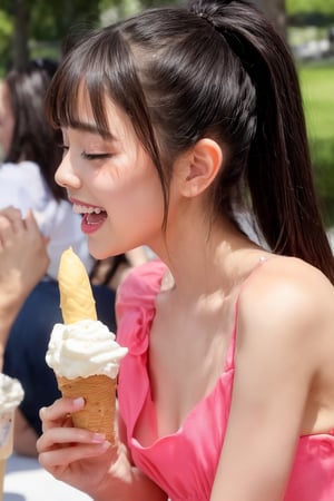 A close-up shot of a happy girl with a big smile, her eyes closed in pure delight as she licks a cone of creamy soft-serve ice cream. The bright sunlight casts a warm glow on the scene, with the vibrant colors of the ice cream and her bright pink dress popping against the blurred background.