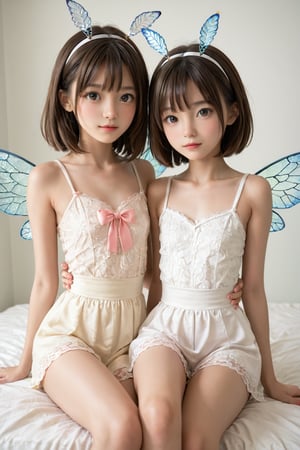 Softbox lit studio setting with a plain white background. Two young girls, around 8-10 years old, sit on opposite sides of the frame, dressed in matching cicada costumes complete with shiny exoskeletons and delicate wings. They strike adorable poses, one giggling as she holds her antennae, the other posing with her wings slightly askew. The warm lighting accentuates their bright smiles and sparkling eyes.