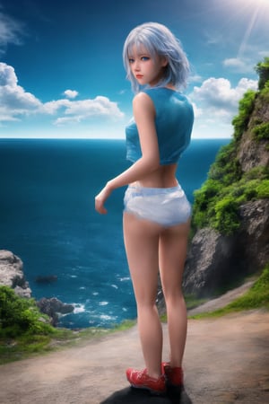 (Top Quality, 8K, High Resolution, masterpiece:1.2), ultra-detailed, realistic, physically based rendering, HDR, colorful lighting, full body, Summer sunshine, girl looking back, silver hair, blue eyes, from below,top of the mountain, sea ​​of ​​clouds