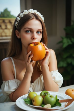 score_9,score_8_up,score_7_up,score_6_up,score_5_up, masterpiece,best quality,very detailed,(complex,very detailed,8K,masterpiece), Girl eating fruit