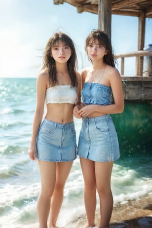 Photorealistic, full body photo, detailed facial features, subtle skin tones, HD, 8k, ultra high resolution, exquisite details, ultra realistic, full body, two beautiful young girls, photo shoot, audience, sexy pose, beach, summer sunshine, tube top, mini skirt, water splashes,