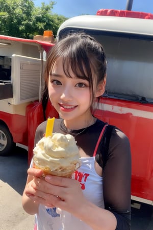 A young girl with a joyful expression, posed in front of a colorful ice cream truck, licking a swirl of soft serve ice cream from a cone. The warm sunlight casts a golden glow on her happy face, highlighting the sweetness and delight she takes in this treat.