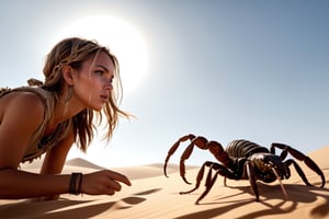 (4k), (masterpiece), (best quality),(extremely intricate), (realistic), (sharp focus), (award winning), (cinematic lighting), (extremely detailed), A girl fighting a scorpion in the desert, from below, boho_chic