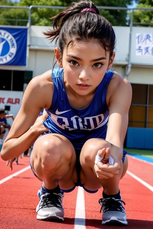 Best Quality, 32k, photorealistic, ultra-detailed, finely detailed, high resolution, perfect dynamic composition, beautiful detailed eyes, sharp,Junior high school student, track and field athlete, crouching start, 100m sprint, the moment of starting to run,