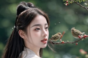 (sharp focus),  (award winning),  (extremely detailed),  (best quality, 4k, 8k, highres, masterpiece:1.2), ultra-detailed, (realistic, photorealistic, photo-realistic:1.37), A girl is picking strawberries and eating them with a little ((bird)), full body, 1 girl ,huangyuyao