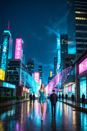 A futuristic cityscape at dusk, with towering skyscrapers and neon lights reflecting off the wet pavement. In the foreground, a group of creatures emerge from the shadows: humanoid beings with iridescent scales, glowing blue eyes, and delicate wings unfolding like lotus flowers. Their elongated bodies shimmer in hues of rose and indigo as they move in harmony, their ethereal forms illuminated by the city's vibrant lights.