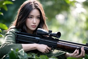 (sharp focus),  (award winning),  (extremely detailed),  (best quality, 4k, 8k, highres, masterpiece:1.2), ultra-detailed, (realistic, photorealistic, photo-realistic:1.37),Female sniper hiding above a tree in the jungle,full body, sniper rifle