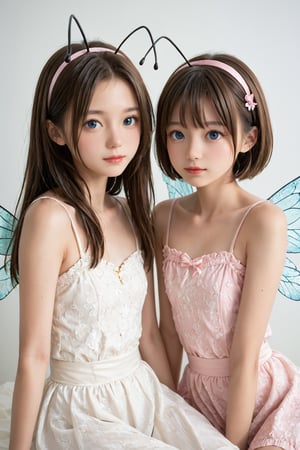 Softbox lit studio setting with a plain white background. Two young girls, around 8-10 years old, sit on opposite sides of the frame, dressed in matching cicada costumes complete with shiny exoskeletons and delicate wings. They strike adorable poses, one giggling as she holds her antennae, the other posing with her wings slightly askew. The warm lighting accentuates their bright smiles and sparkling eyes.