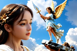 (4k),  (masterpiece),  (best quality), (extremely intricate),  (realistic),  (sharp focus),  (award winning),  (extremely detailed), (best quality,4k,8k,highres,masterpiece:1.2),ultra-detailed,(realistic,photorealistic,photo-realistic:1.37), A girl carving an angel  statue on the cloud,Dilireba