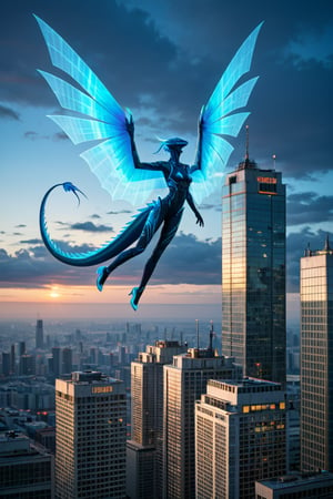 In a neon-lit cityscape, a quartet of FUTURISTIC creatures emerge from a haze of misty fog, their iridescent scales glinting under the vibrant glow of holographic billboards. One creature, a towering humanoid with glowing blue wings, stretches forth a hand as if grasping for something just out of reach, while another, a slender being with segmented limbs, appears to be studying an ancient-looking tablet inscribed with cryptic symbols. In the foreground, a diminutive FUTURISTIC creature, its body composed of shifting pixels, darts about with reckless abandon, leaving trails of light in its wake as it frolics amidst the towering structures.