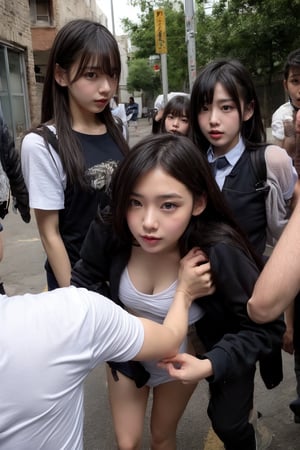 A girl being harassed by delinquents, behind the school building