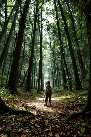 A young girl stands alone in a dense forest, her worried expression illuminated by the soft dappled light filtering through the canopy above. She looks down at the ground, her hands grasping a torn piece of fabric, her eyes scanning the underbrush as if searching for a trail or a clue. The trees tower above her, their leaves rustling softly in the breeze, casting long shadows across the forest floor.