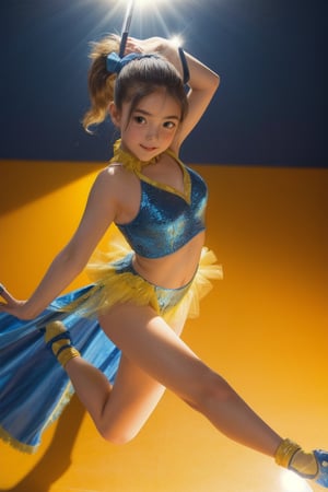 A young girl in a sparkling blue costume twirls her baton with precision and flair, her ponytail bouncing behind her. Framed against a bright yellow background, sunlight illuminates the scene from above, casting a warm glow. The camera captures her dynamic pose mid-twirl, legs splayed apart, arms extended, as she spins with effortless grace.