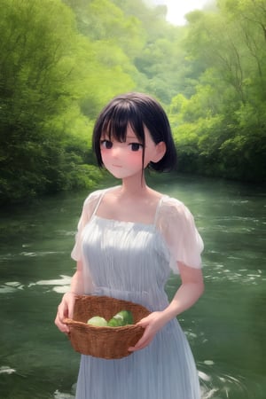 A serene riverside scene: a young girl stands waist-deep in crystal-clear water, gently scrubbing a basket of fresh vegetables with a soft-bristled brush. The warm sunlight casts a gentle glow on her face and the rippling water's surface, while lush greenery and towering trees frame the tranquil atmosphere.