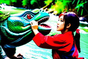 (masterpiece:1.1), (best quality:1), (ultra high res:1.2), 8k, photo real, (beautiful and clear background:1.0), (depth of field:1),Girl fighting with kappa, river side, bamboo forest