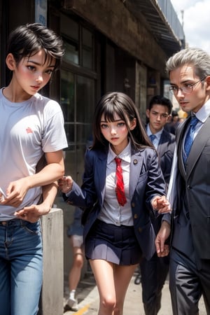 A girl being harassed by delinquents, behind the school building