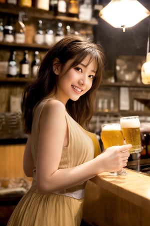 A warm and lively shot of a girl pouring beer with a radiant smile, her bright eyes sparkling as she engages in effortless conversation with the patrons at the bar. The dimly lit setting enhances the golden hue of the beer, while the composition focuses on the girl's lively demeanor, accentuating her confident pose behind the counter.