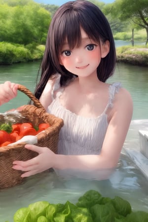 A serene riverside scene: a young girl, dressed in simple clothing, gently washes a basket of fresh vegetables in the crystal-clear water. Soft sunlight casts a warm glow on her smiling face and the lush greenery surrounding her. The camera's angle is low, capturing the vibrant colors of the produce and the gentle ripples on the river's surface.