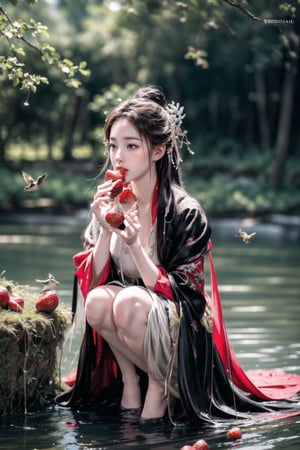 (sharp focus),  (award winning),  (extremely detailed),  (best quality, 4k, 8k, highres, masterpiece:1.2), ultra-detailed, (realistic, photorealistic, photo-realistic:1.37), A girl is picking strawberries and eating them with a little ((bird)), full body, 1 girl ,huangyuyao