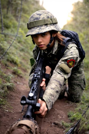 A close-up shot of a determined female soldier, dressed in camouflaged fatigues and holding a worn rifle, navigates through the rough terrain as she crawls under a tangled mess of rusty barbed wire. The setting sun casts a warm orange glow on her rugged face, illuminated by the faint light filtering through the wire's gaps. Her focus is fixed intently on the task at hand, her grip firm on the rifle as she slowly makes her way forward.