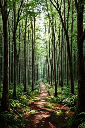 A serene forest scene: a majestic tree with gnarled branches dominates the center of the frame, its trunk surrounded by a tapestry of ferns and wildflowers. Soft dappled lighting filters through the canopy above, casting intricate shadows on the forest floor. A gentle mist rises from the underbrush, veiling the atmosphere in mystery.