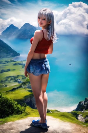 (Top Quality, 8K, High Resolution, masterpiece:1.2), ultra-detailed, realistic, physically based rendering, HDR, colorful lighting, full body, Summer sunshine, girl looking back, silver hair, blue eyes, from below,top of the mountain, sea ​​of ​​clouds, cute   
 pose,  grin