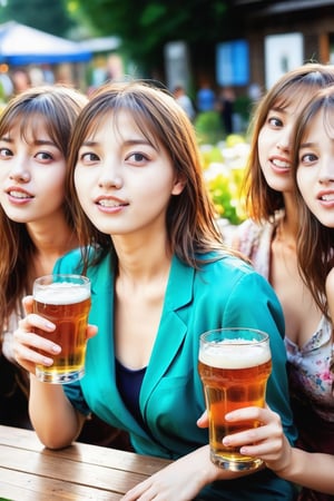 (masterpiece, best quality, dynamic angle, realistic, wide shot), drunk girls drinking beer, full body, beer garden, sharp focus ,real_booster