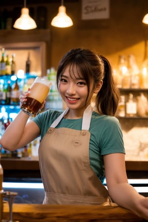 A cheerful bartender at a girls' bar pours beer with a warm smile as she chats with customers, the soft glow of neon lights reflecting off her bright apron, the vibrant atmosphere pulsating with laughter and conversation.