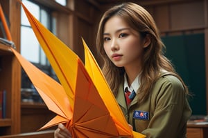 (4k),  (masterpiece),  (best quality), (extremely intricate),  (realistic),  (sharp focus),  (award winning),  (extremely detailed), (best quality,4k,8k,highres,masterpiece:1.2),ultra-detailed,(realistic,photorealistic,photo-realistic:1.37), A girl folding a crane with origami, full body, from below, class_room, real_booster,kwon-nara