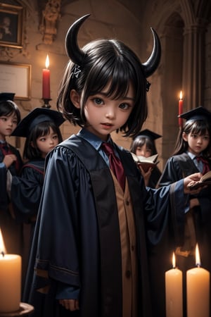 A whimsical scene unfolds: Little Devil Academy - a playful, fantastical school setting where mischievous students learn dark magic amidst eerie candlelight and ancient tomes. A diminutive devil teacher stands at the front of the class, surrounded by curious young demons donning tiny mortarboards, their horns and tails bobbing with excitement.