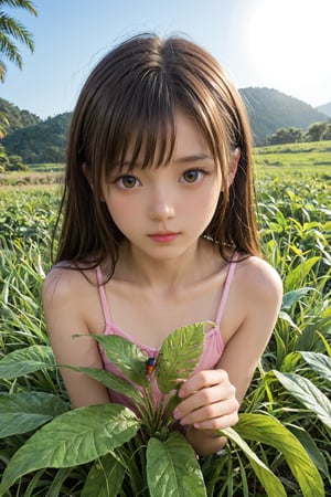 A whimsical scene unfolds: A young girl lies on her stomach in a sun-kissed meadow at the end of summer, her chin cradled in the palm of her hand. Her gaze is fixated on a tiny insect, posed adorably on a nearby blade of grass. The warm light casts a gentle glow on her profile, with soft focus blurring the surrounding flora.