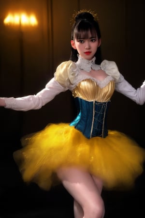 A stunning dancer in a dimly lit, vintage-inspired cabaret setting. Soft, warm lighting casts a golden glow on her porcelain skin and raven-black hair as she strikes a dramatic pose mid-pirouette. Her flowing tutu and ornate corset glimmer like diamonds against the rich, dark backdrop.