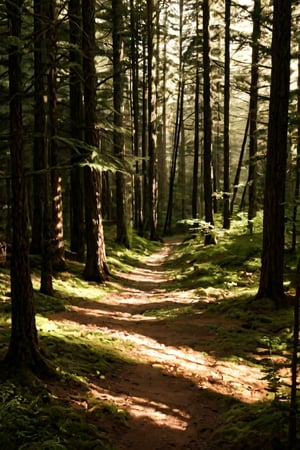 A serene forest glade at dusk, soft golden light filtering through the trees, casting dappled shadows on the moss-covered forest floor. Tall trunks rise from the underbrush, their bark weathered to a warm brown. A gentle mist rises from the damp earth, veiling the scene in mystery.