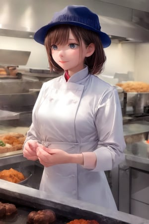 A professional woman, dressed in a crisp white chef's coat and matching hat, stands confidently in front of a bustling kitchen counter. Her hands rest on the edge of a stainless steel surface, where utensils and ingredients are artfully arranged. A warm golden light illuminates her determined expression, as she surveys the culinary landscape before her.